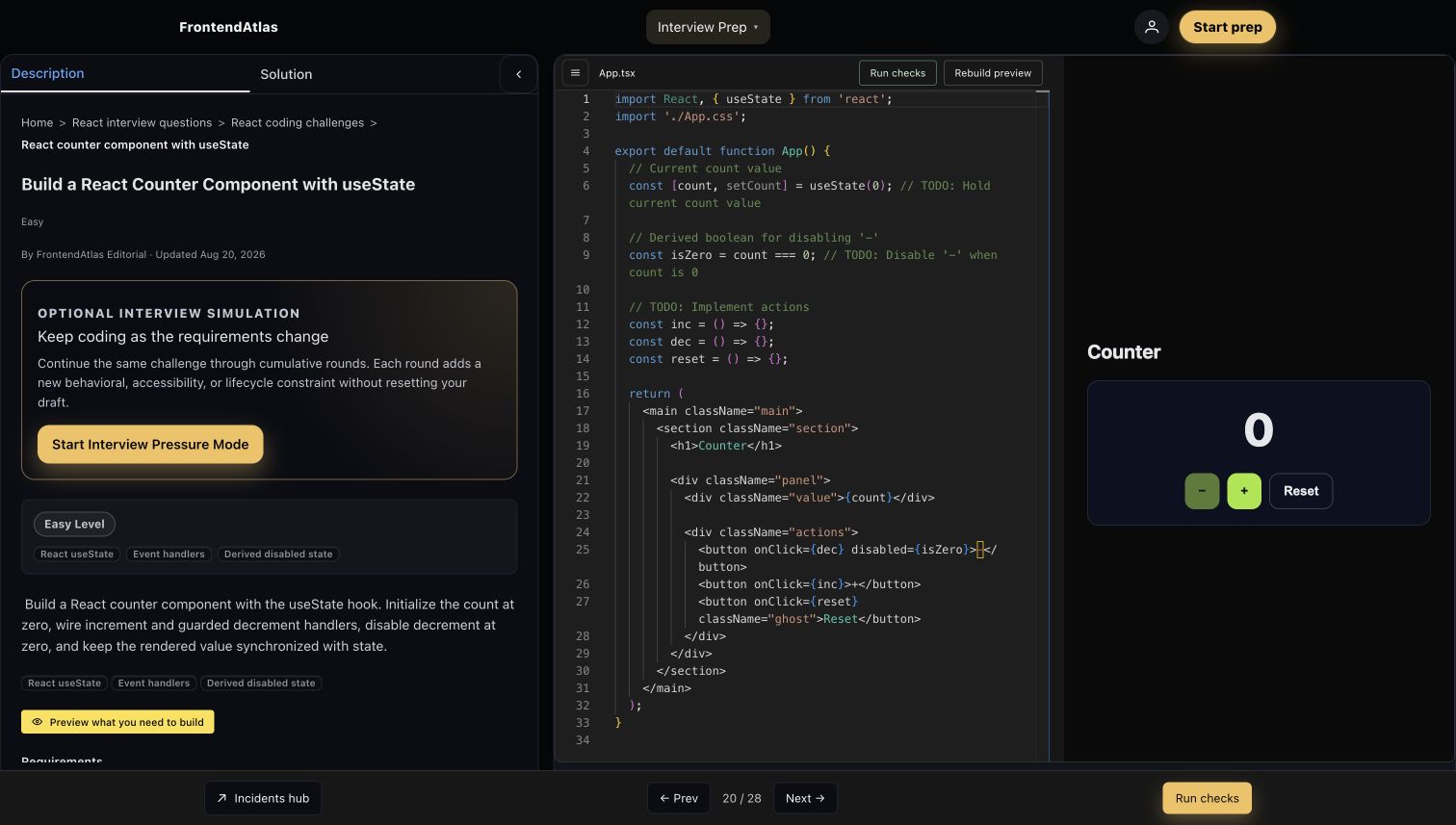 FrontendAtlas React Counter workspace with prompt, code editor, live preview, and run checks controls